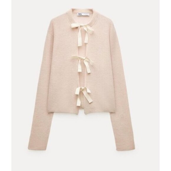 NWT ZARA Bows Knit Wool Alpaca Knit Cardigan Dusty Pink Size Small - Picture 1 of 4